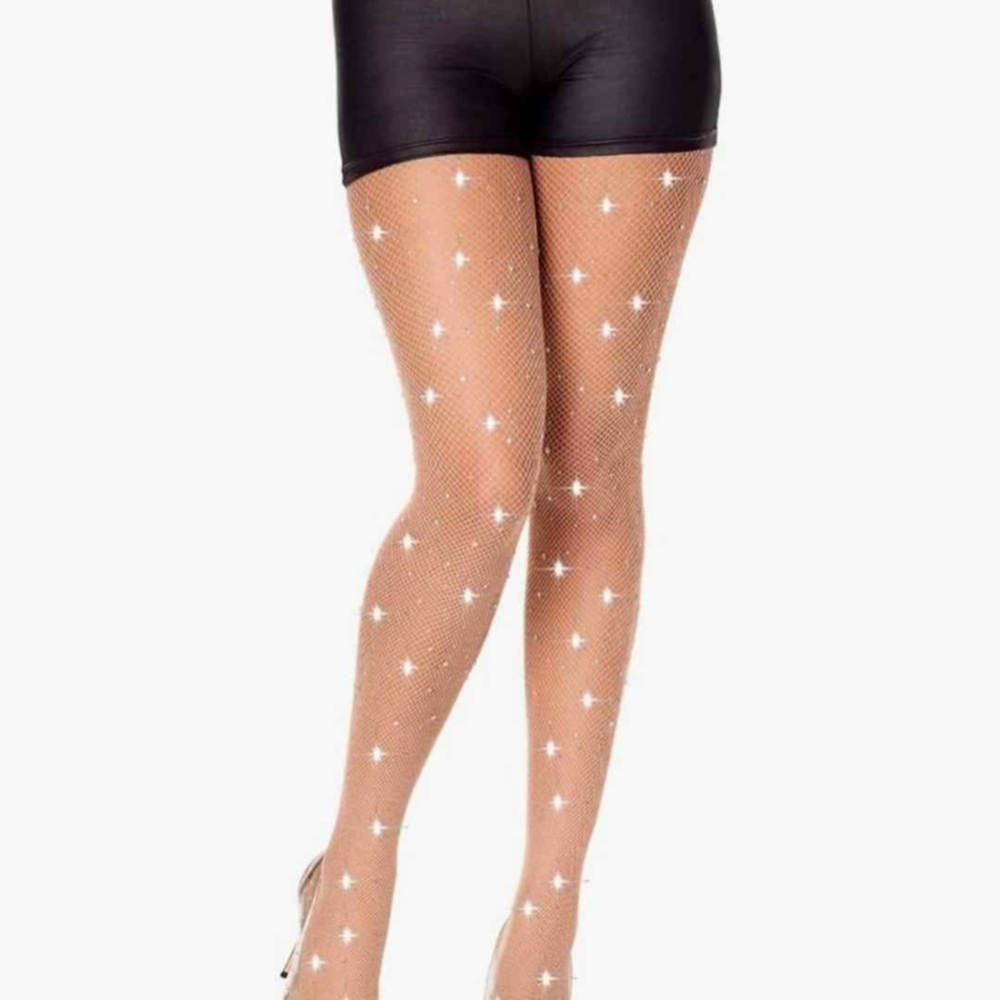 New Rhinestone Studded Beige Fishnet Tights